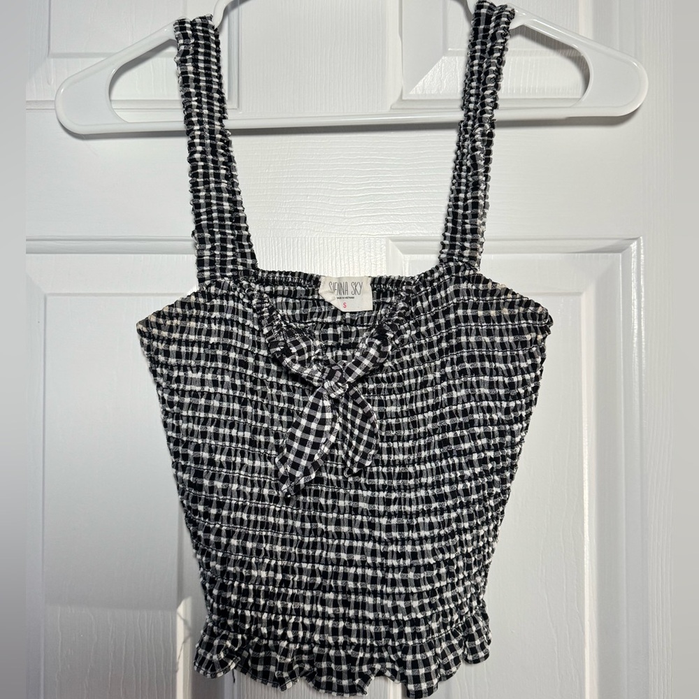 Black & White Gingham Tie-Front Smocked Dress